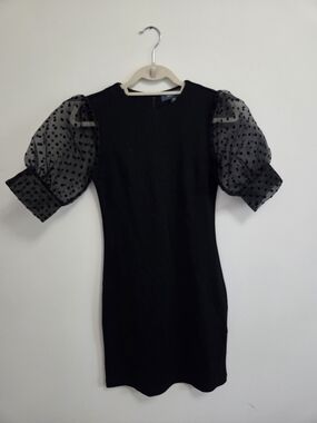 Modcloth Black Sheer Polka-Dot Puff-Sleeve Mini Dress